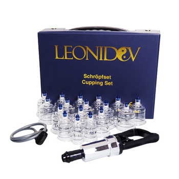 Feuerlose Vakuumsauger mit Pumpe im Leonidov-Koffer - Set mit 17 Stück.